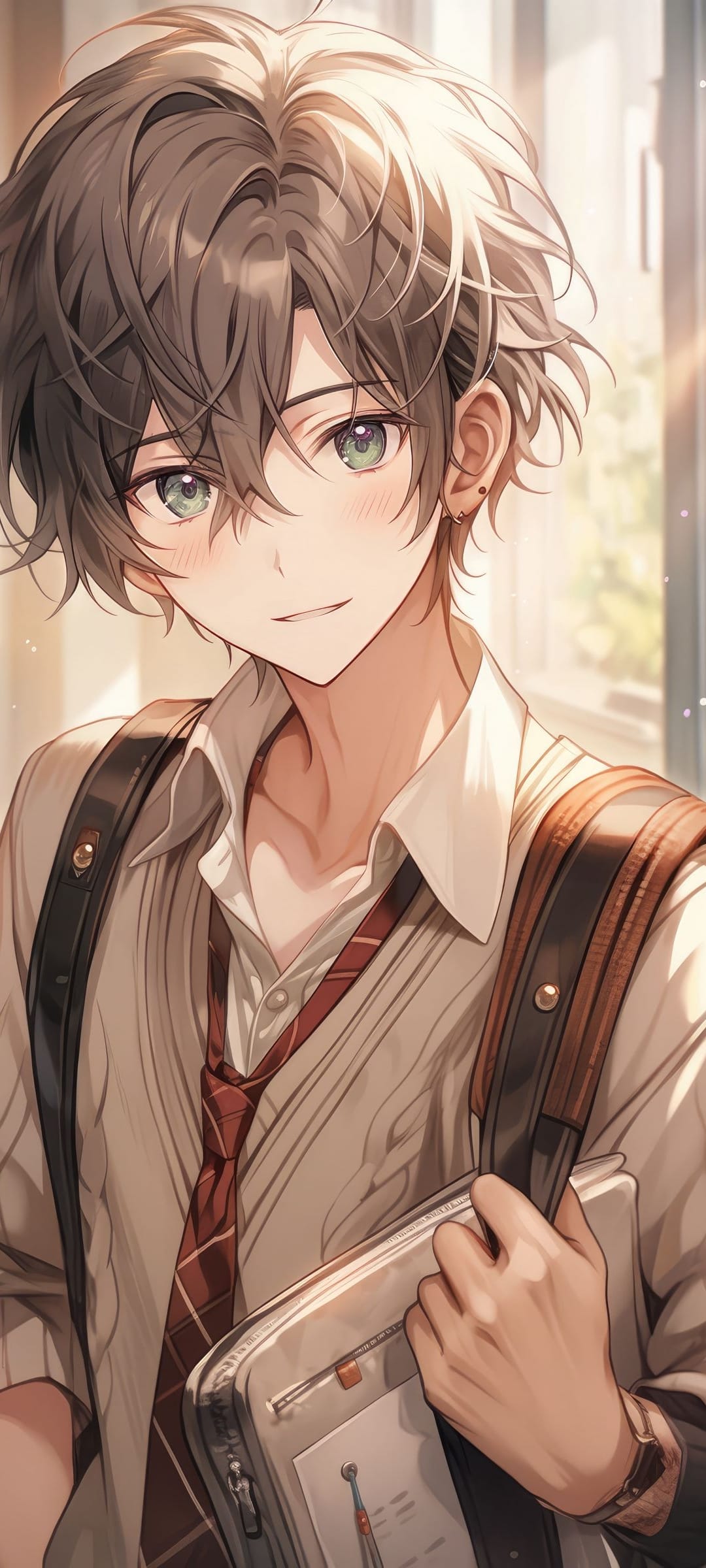 Smiling student with messy brown hair and green eyes wears a dark rucksack and necktie in warm golden lighting.