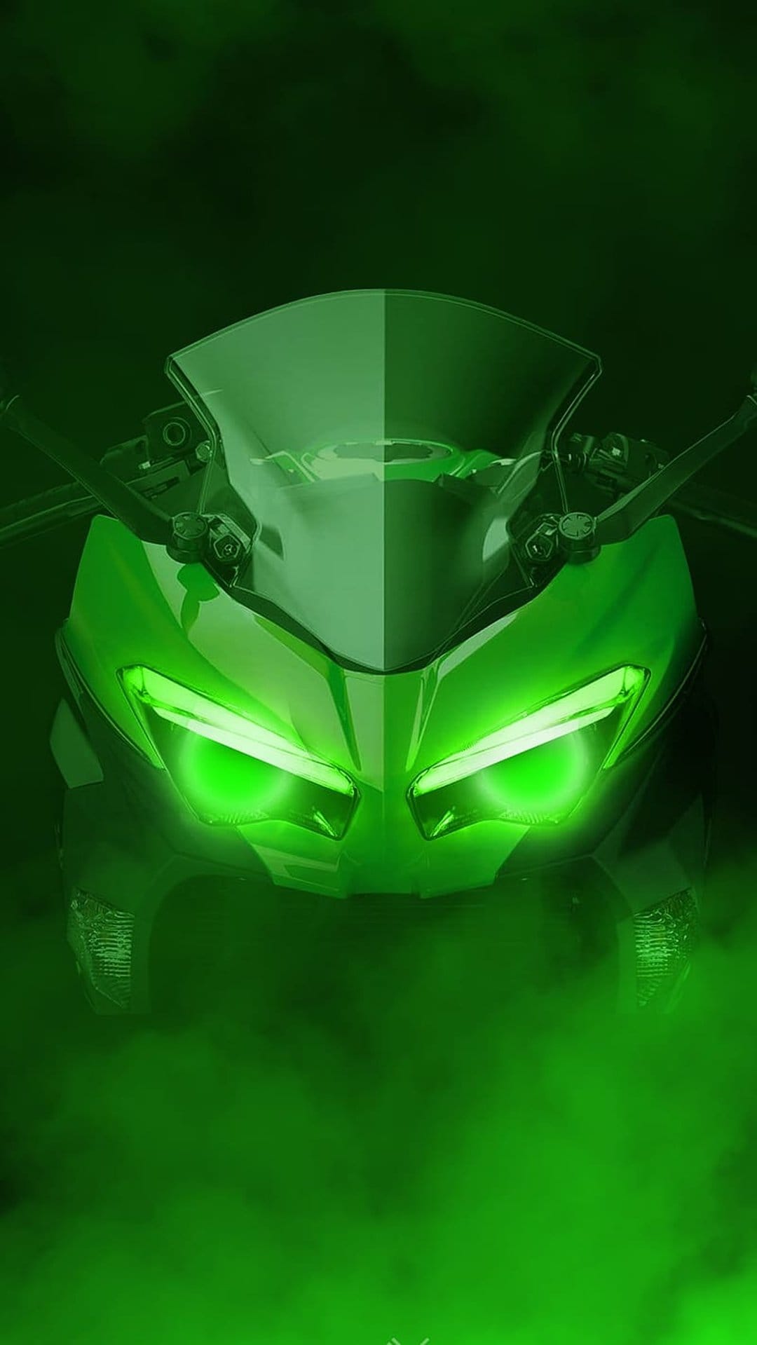 Kawasaki sportbike front view featuring glowing neon green headlights and emerald mist in a dark setting.