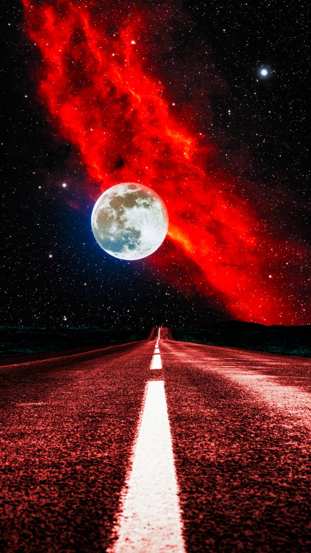 Red nebula and a large full moon shine over an empty highway stretching toward a starry, deep space horizon.