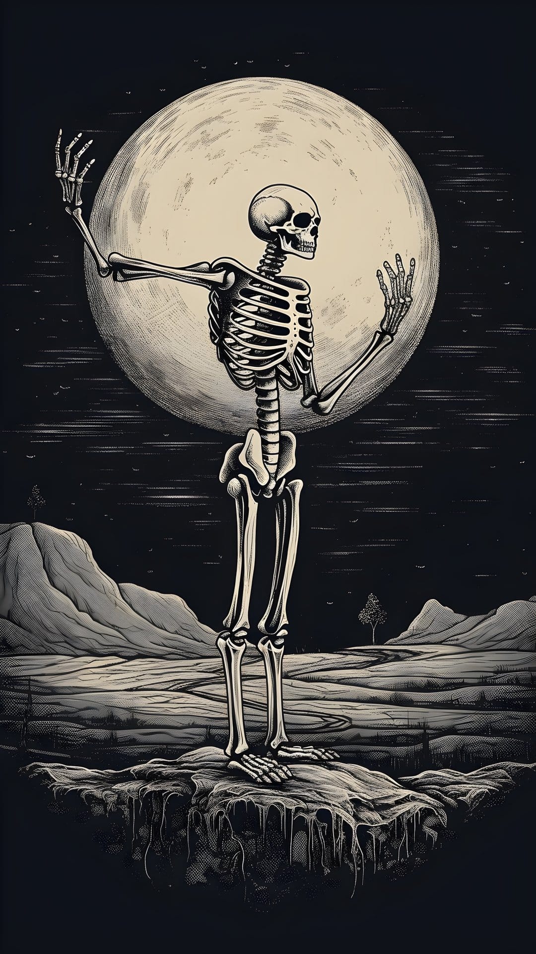 Skeleton dancing on a winding trail beneath a giant glowing moon and dark, desolate hills at night.
