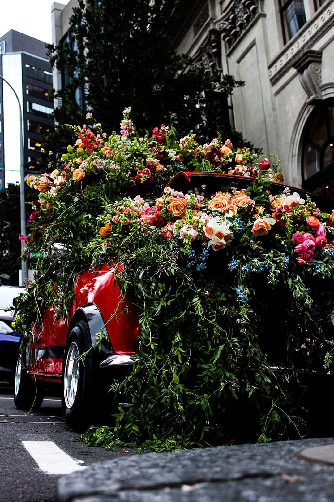 Red car covered in thick layers of blooming flowers and green vines on a city street with urban buildings.