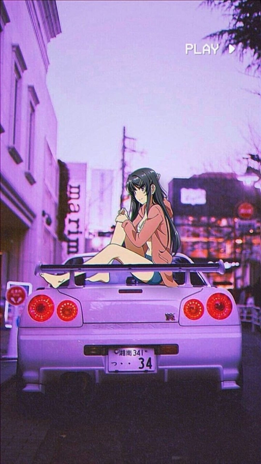 Anime girl sits on the spoiler of a purple sports car with a retro VHS play overlay and grainy textures.