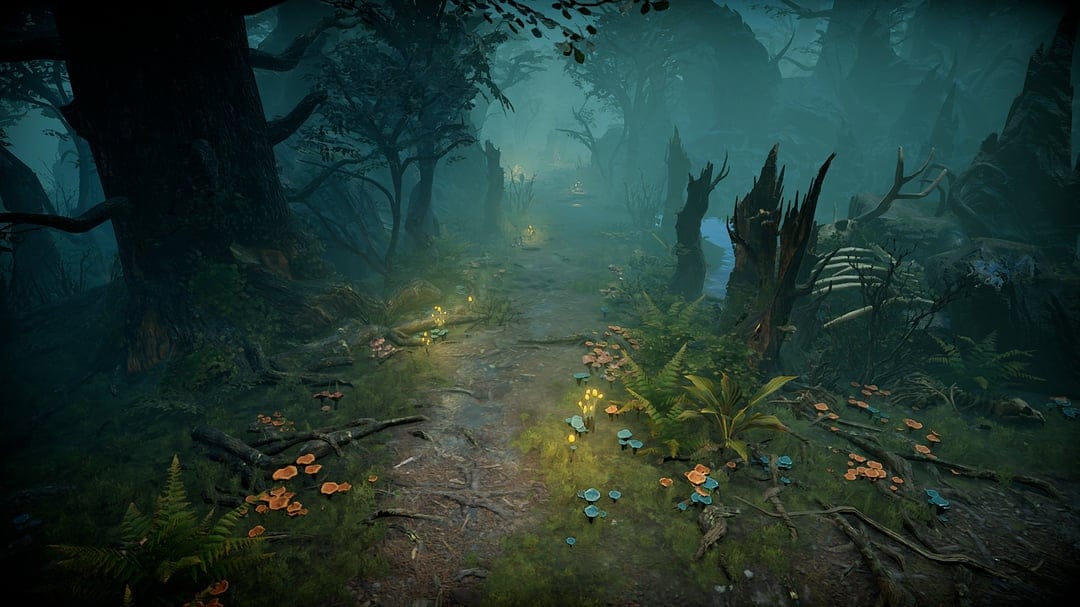 Misty dark forest path with glowing bioluminescent mushrooms, gnarled trees, and skeletal remains in teal fog.