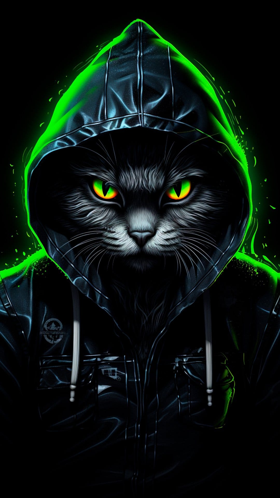 Black cat with glowing green eyes wearing a hooded jacket with neon green trim against a dark backdrop.