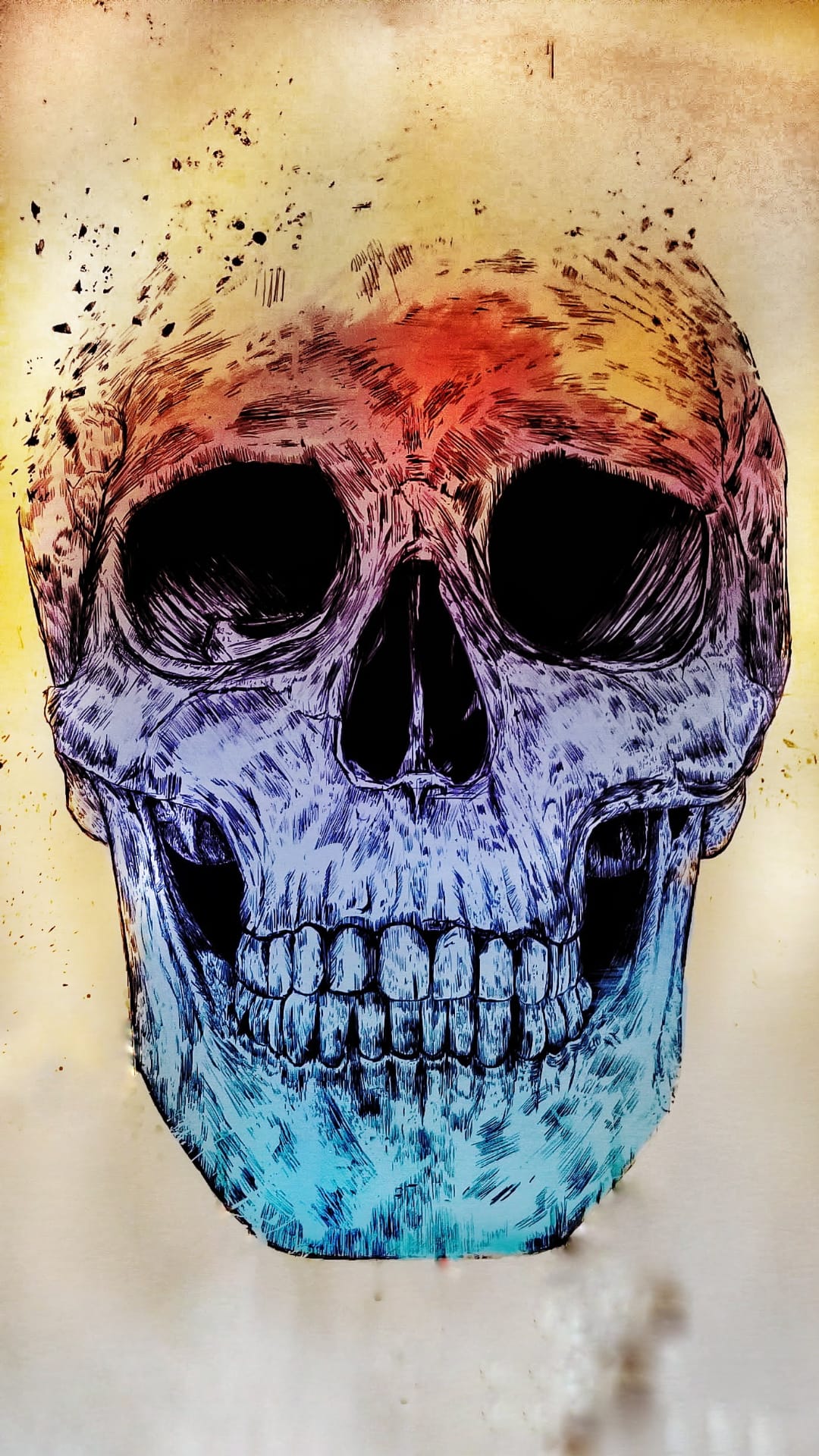 Human skull with a red and blue color gradient set against a dark textured background with paint splatter effects.