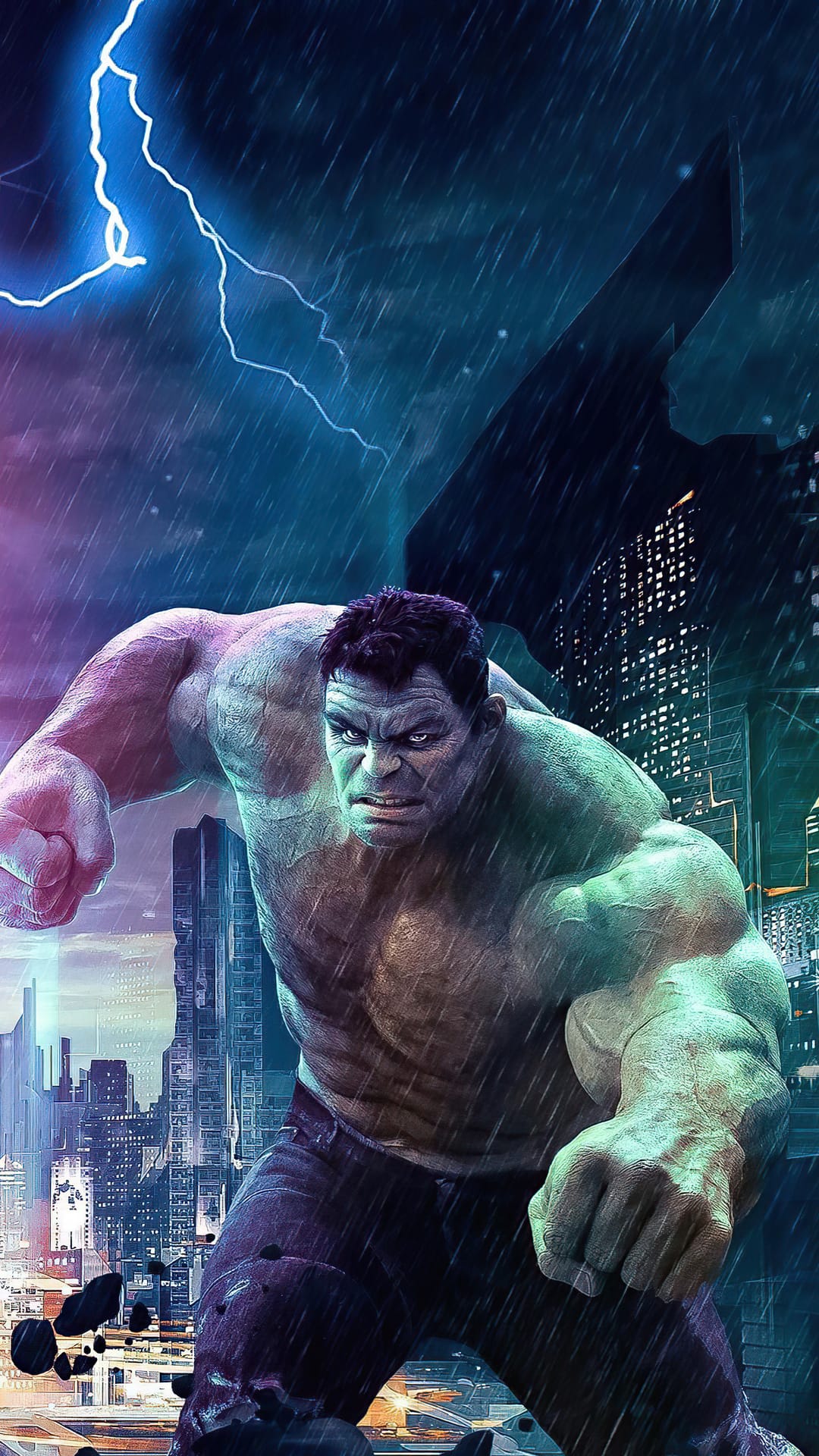 Hulk roars amidst heavy rain and electric blue lightning strikes with a dark metropolitan skyline in the back.