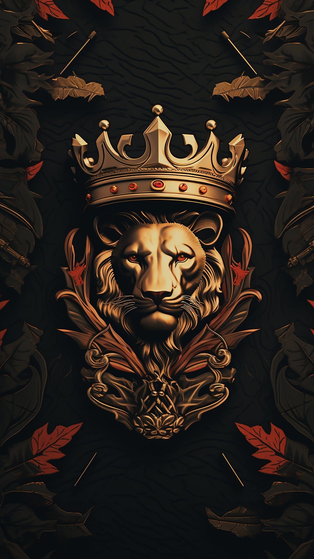 Golden lion head wearing a jeweled crown surrounded by red maple leaves and dark foliage on a textured background.