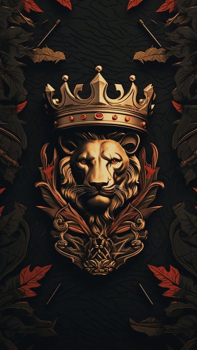 lion,king,crown,bas relief,gold,leaves,pattern