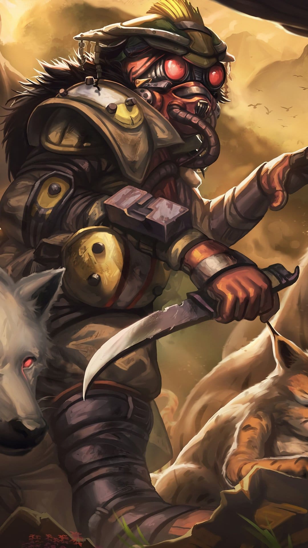 Bloodhound in tactical armor holding a curved knife next to two wolves against a golden desert background.