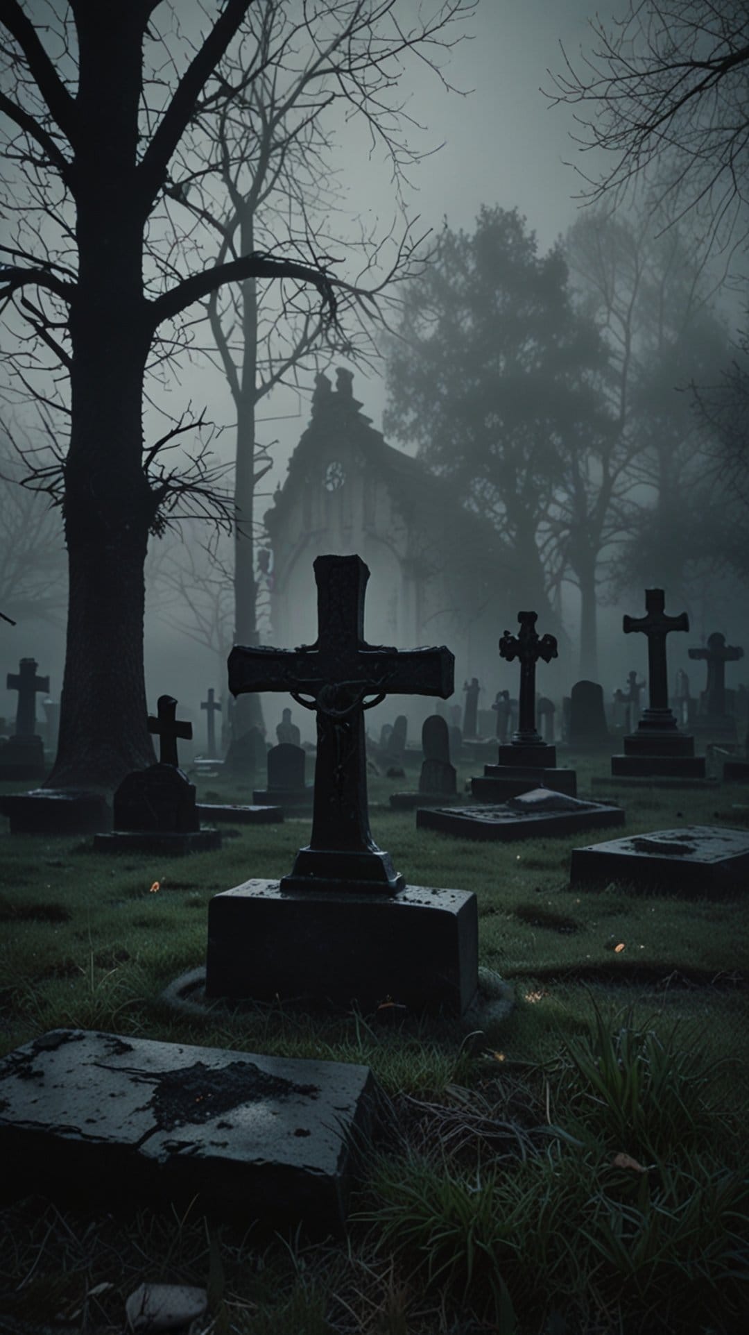 Weathered stone crosses and a gothic church silhouette stand in thick evening mist under a dark, moody sky.