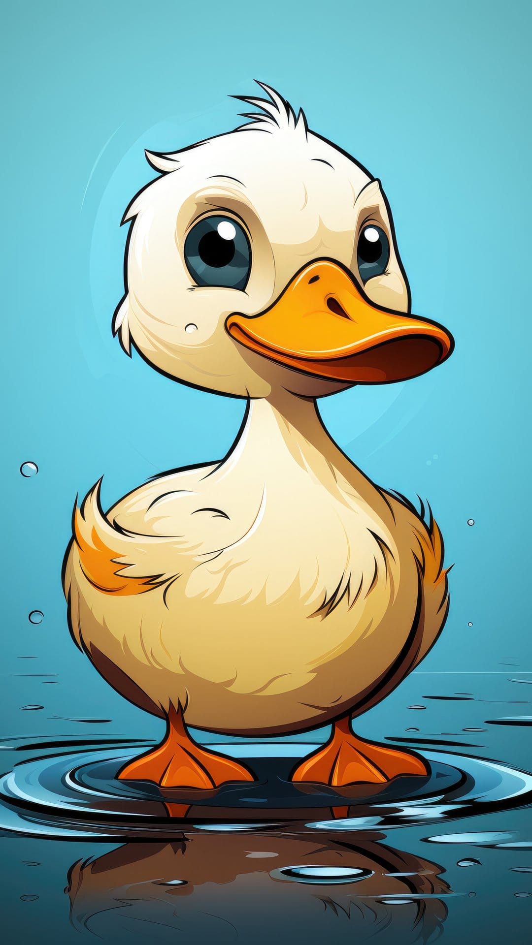Baby duckling with large blue eyes and an orange beak stands in rippling blue water with a soft background.