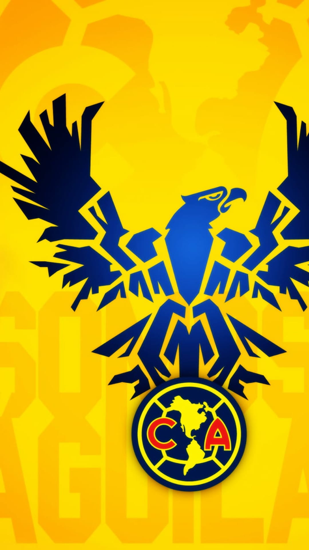 Club América eagle logo in navy blue atop a world map graphic centered on a solid bright yellow background.