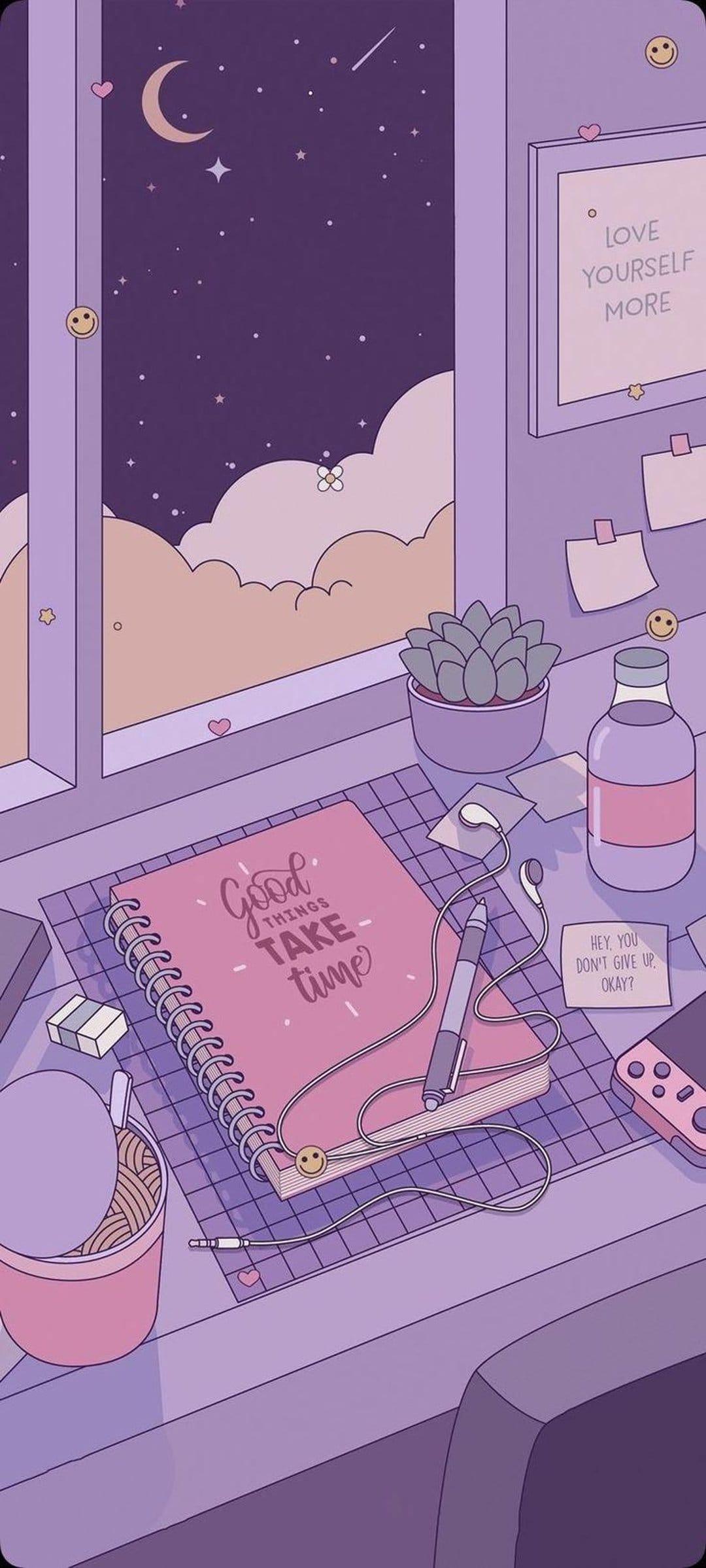 Pastel pink notebook and succulent on a desk before a window overlooking a starry night sky and purple clouds.