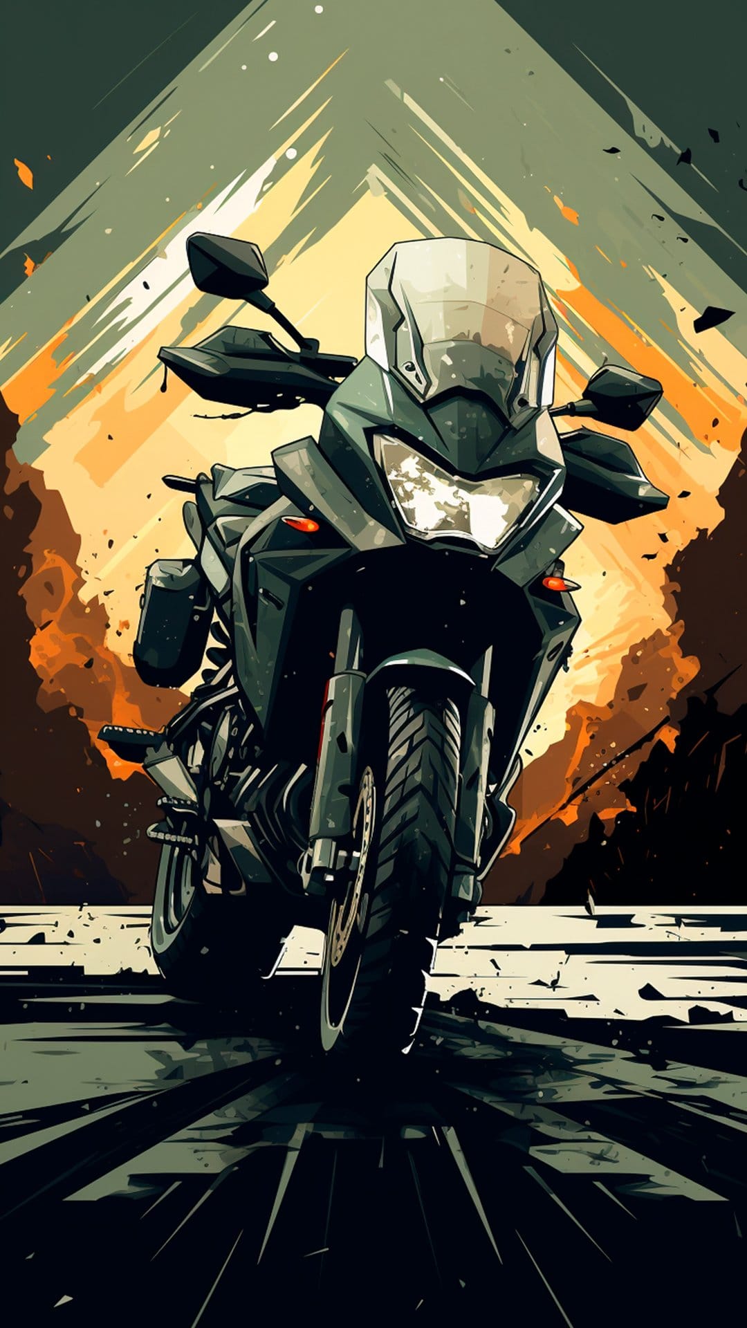 Adventure motorcycle with a glowing headlight speeds along a road against a fiery orange and yellow background.