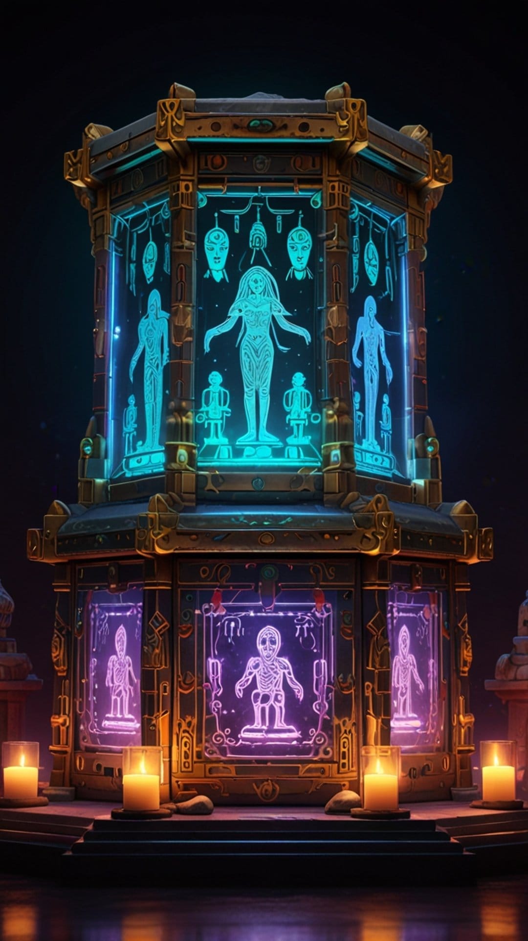 Ancient glowing artifact with etched humanoid figures surrounded by gold filigree and small flickering candles.