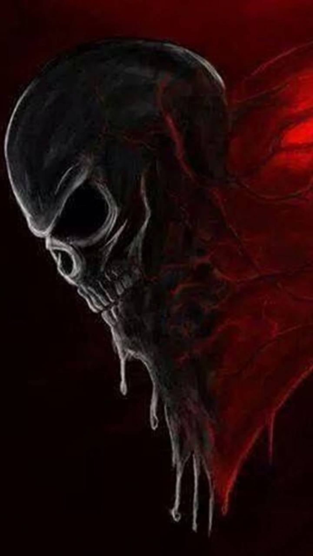 Human skull melting into thick red and black liquid against a hazy, infernal background of smoke and embers.