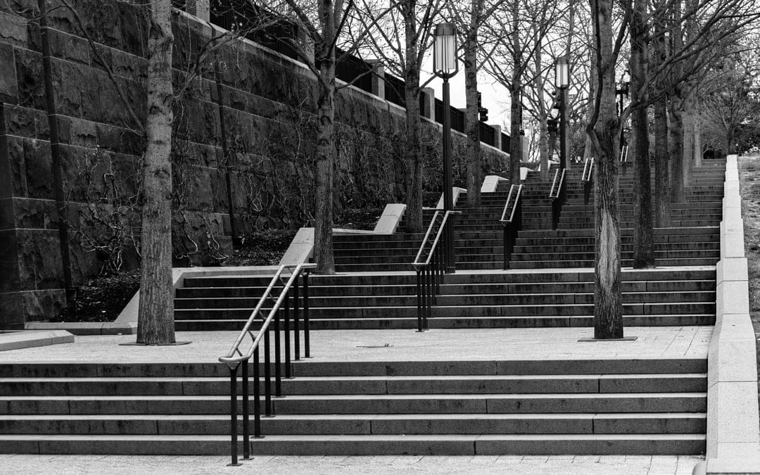 Multi-level stone staircase with metal railings ascends past bare winter trees and a textured stone wall.