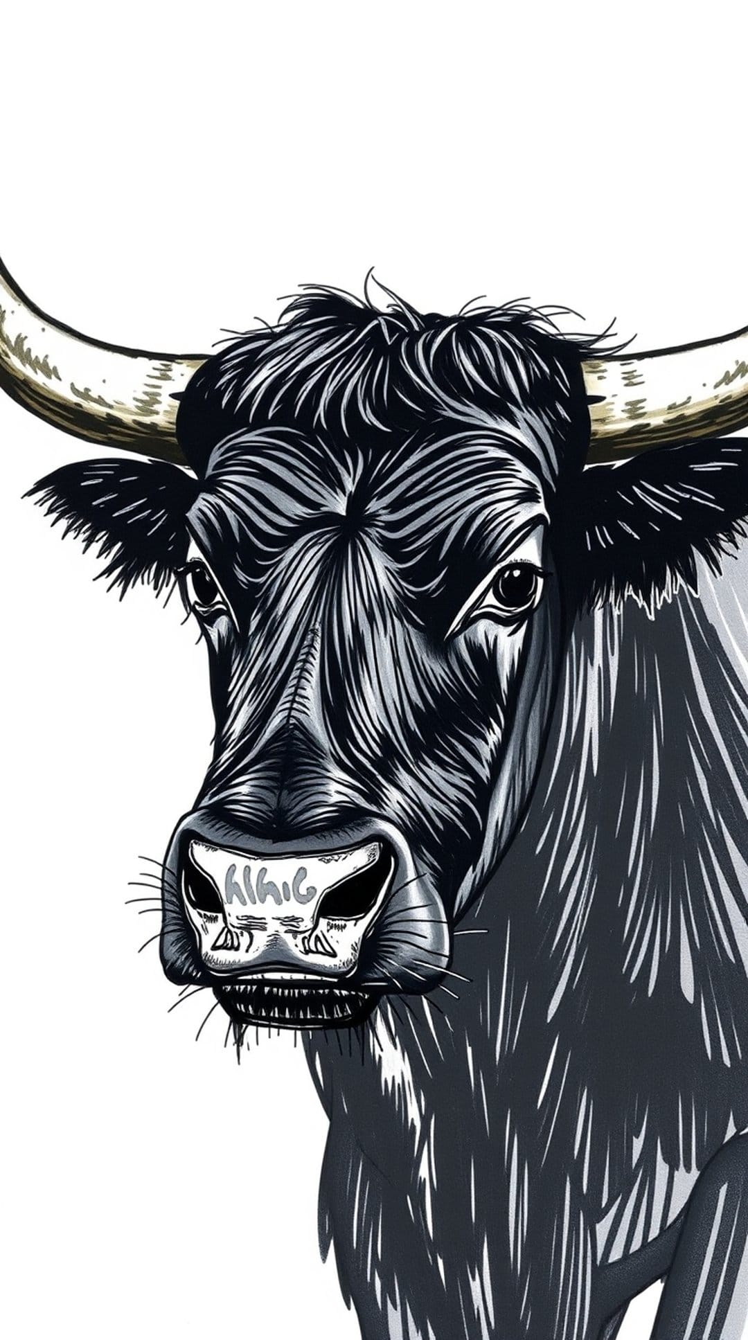Bull's face with curved horns, thick dark mane, and an intense gaze rendered in high-contrast black and white.