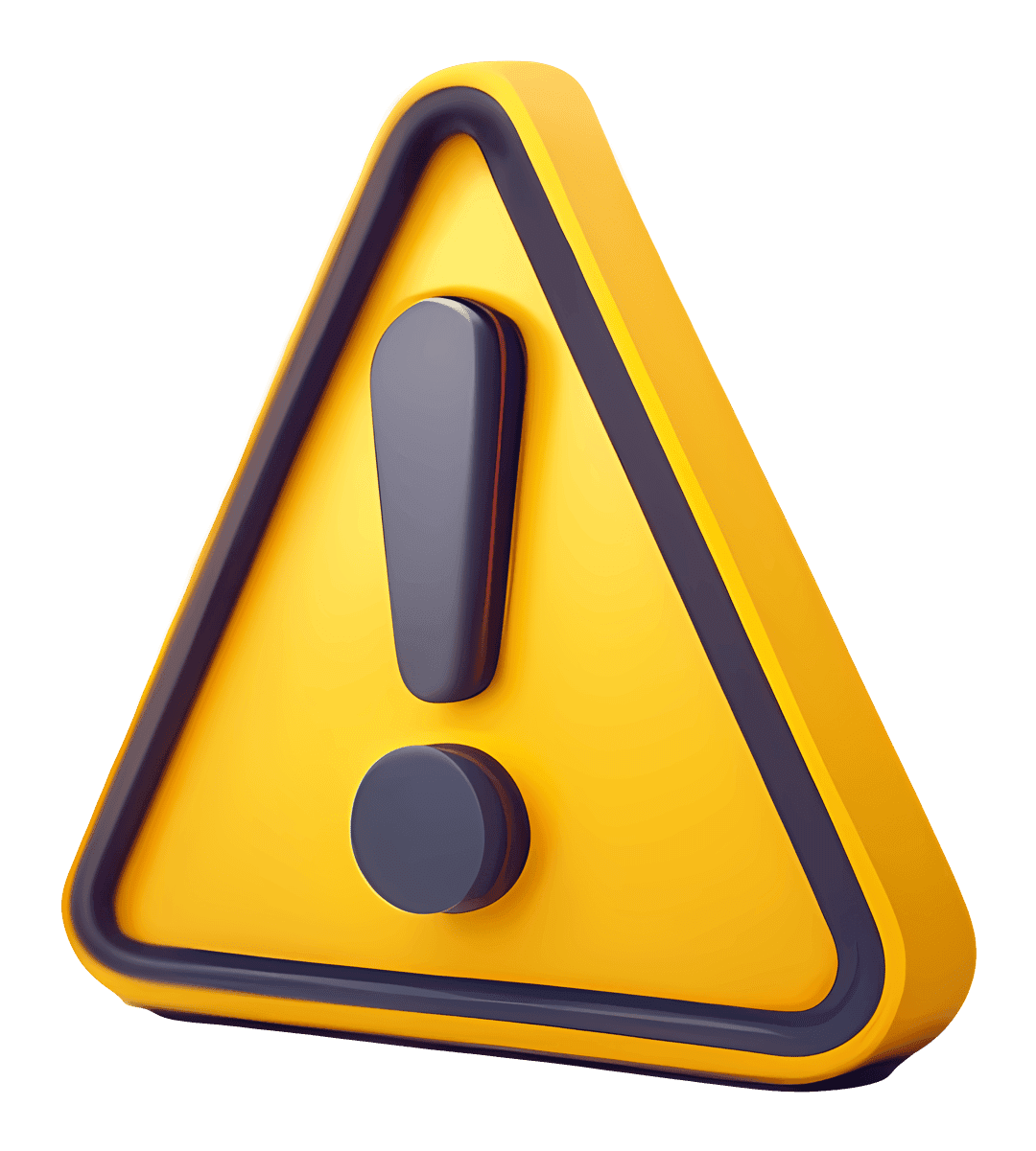 3D yellow warning triangle featuring a black exclamation mark with rounded corners and glossy surface reflections.