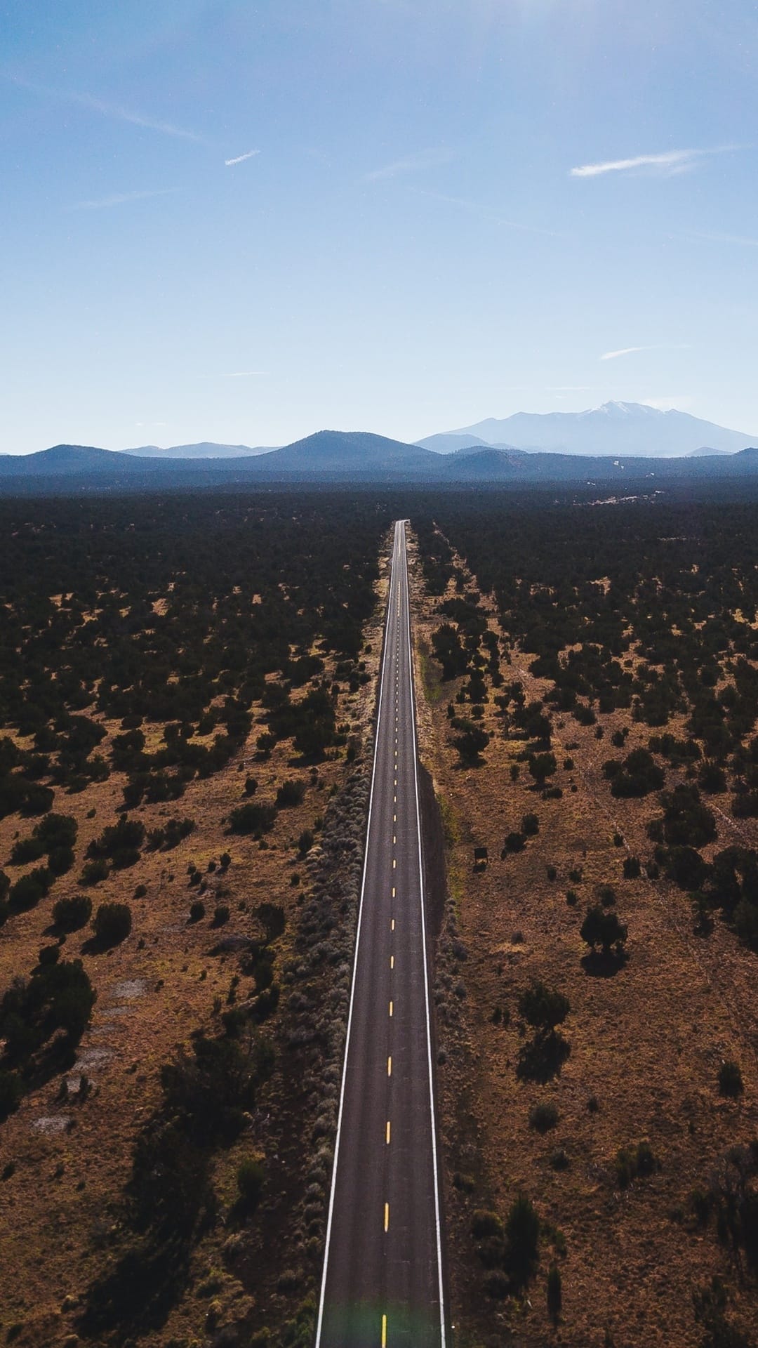 Straight asphalt road cutting through an arid desert landscape toward distant blue mountains under a clear sky.