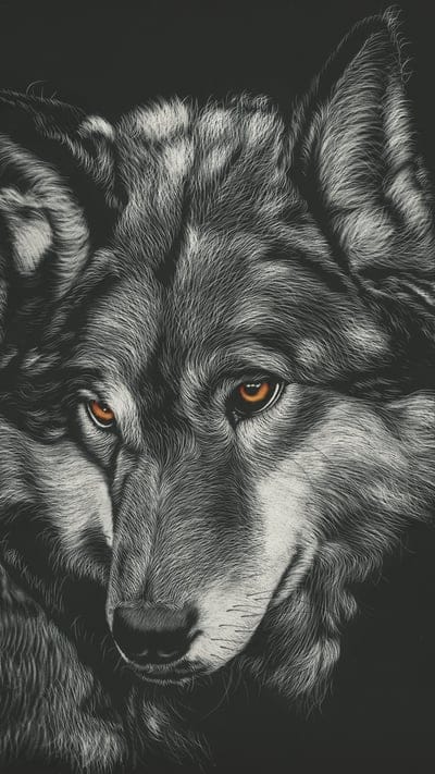 Wolf, illustration, grayscale, animal, wildlife, drawing, predator, amber eyes, intense, close-up, art, canine, wild, portrait, detailed, fur, monochrome, powerful, staring, majestic