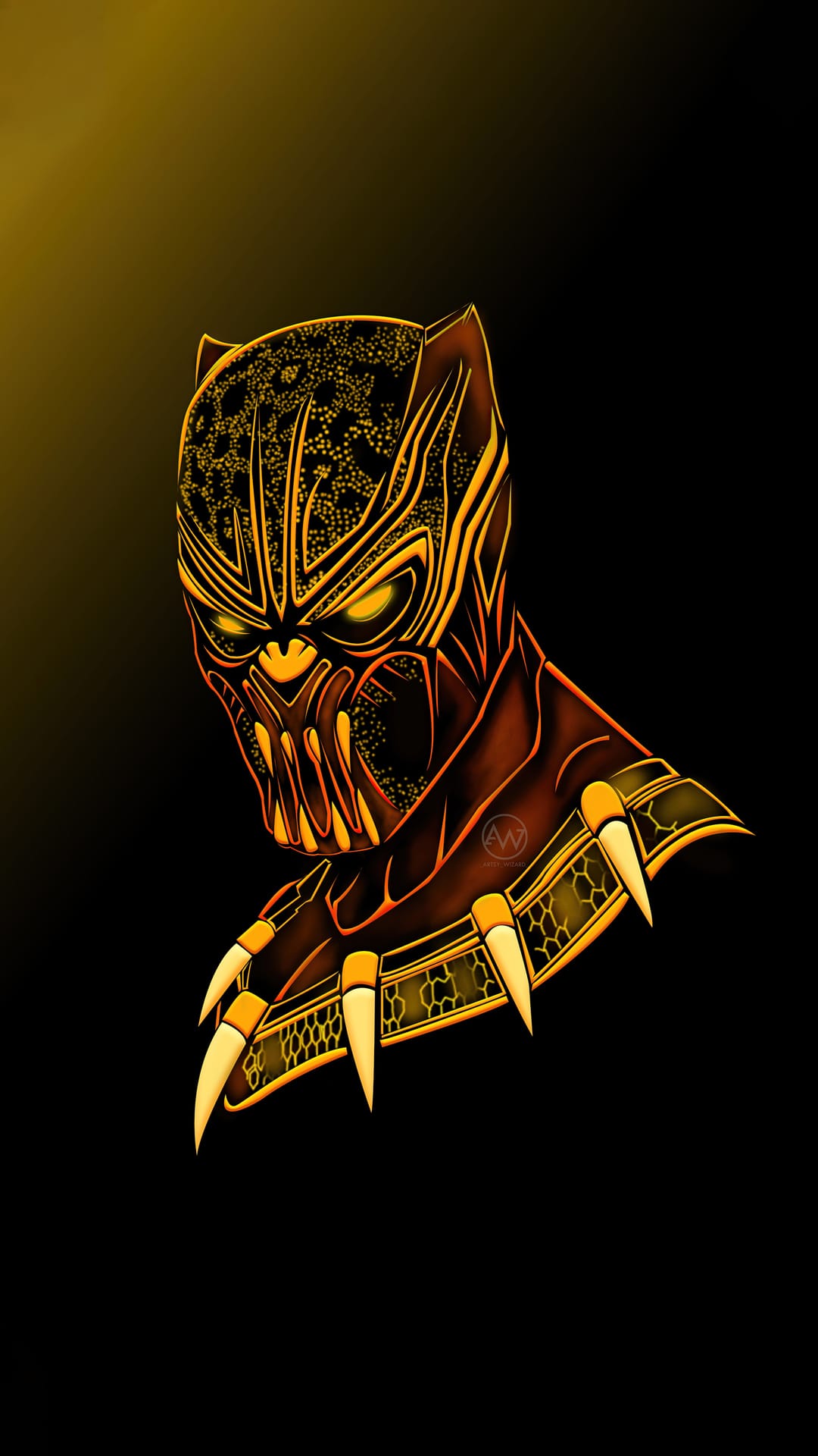 Panther mask featuring intricate gold filigree, radiant yellow eyes, and pointed claws on a black background.