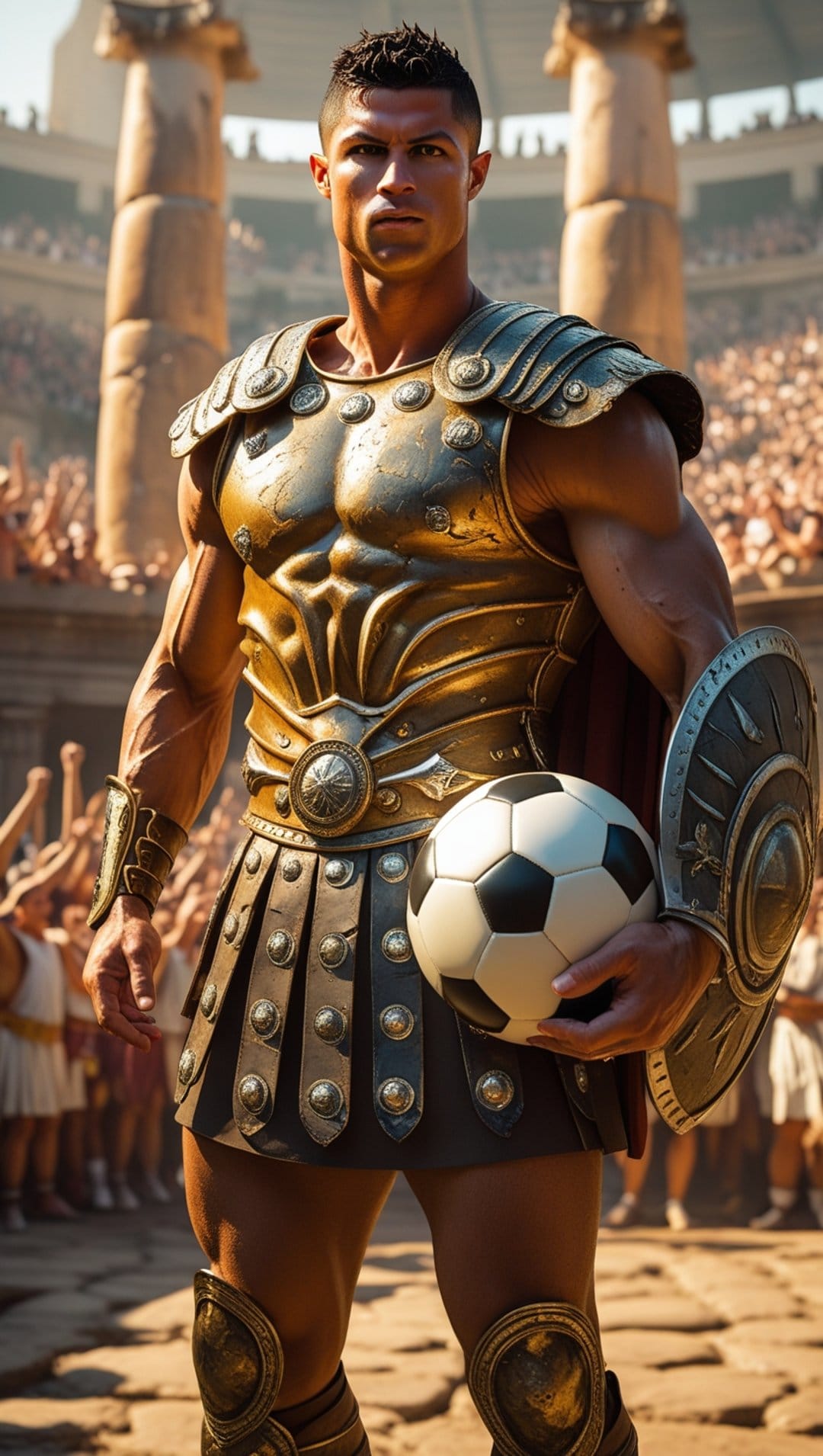 Cristiano Ronaldo wearing ornate gold Roman gladiator armor while holding a soccer ball in an ancient arena.