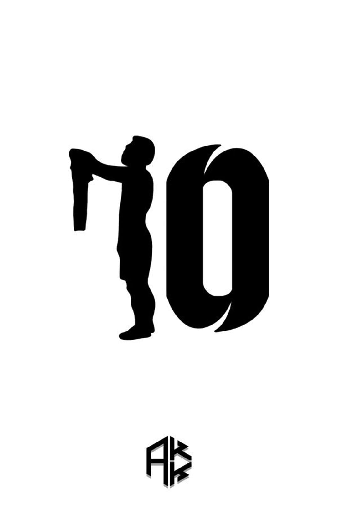 Soccer player silhouette holding a jersey next to a bold zero to form the number ten on a white background.