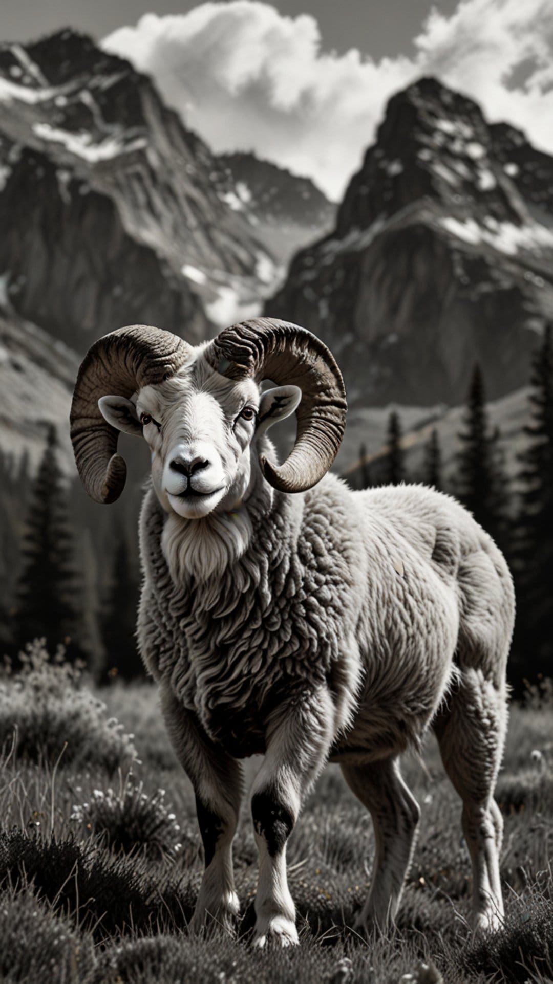 Bighorn ram with large curved horns stands in a grassy meadow with snow-capped mountain peaks in the background.