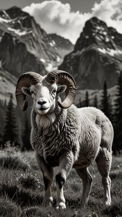 Goat,Mountains,Forest,Wallpaper,AI Art,Ai Wallpaper,Desktop Wallpaper,Artwork,Black,White,Aesthetic
