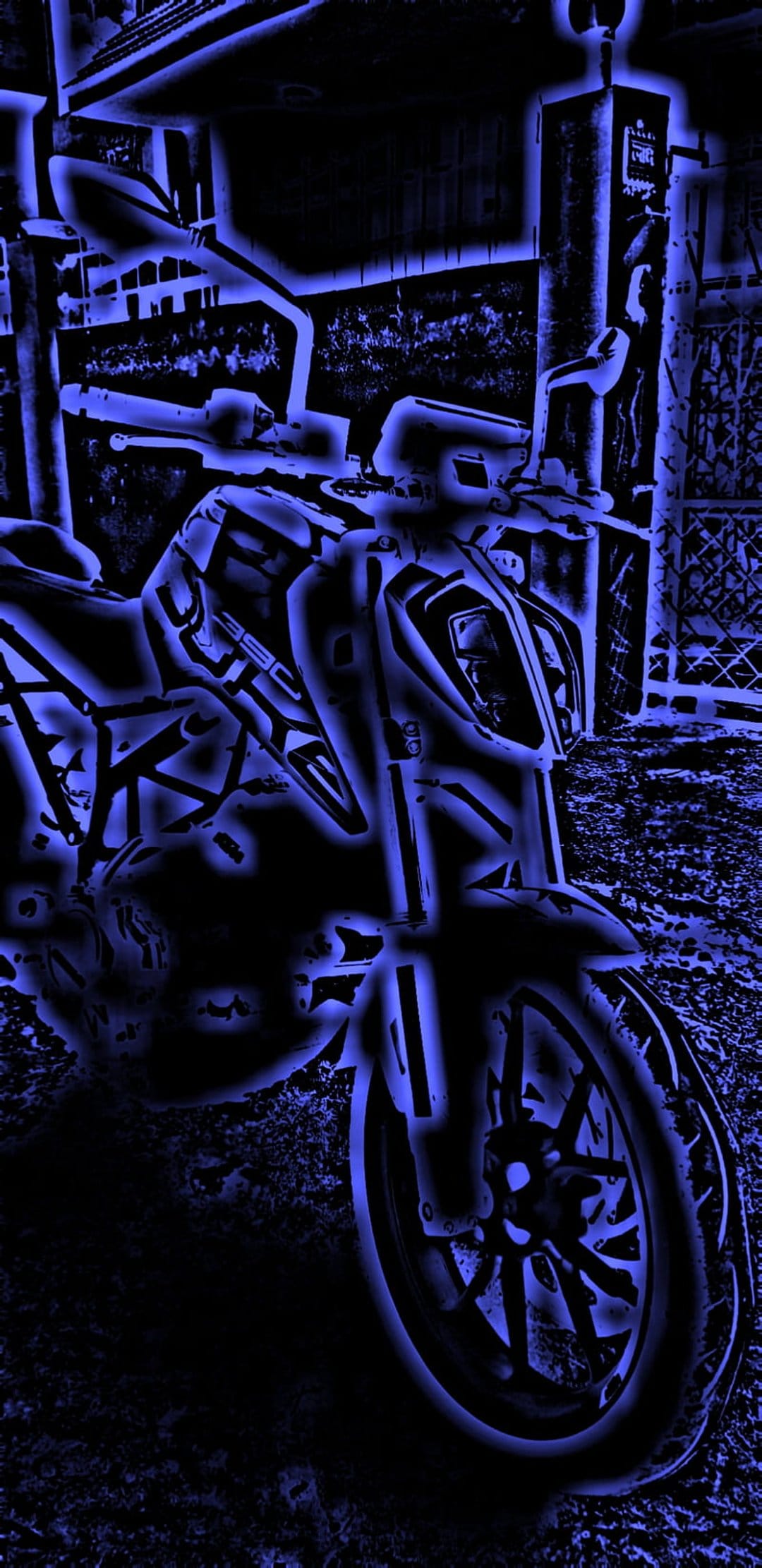 Blue neon glowing motorcycle outline parked on a dark outdoor surface with subtle urban foliage in the shadows.