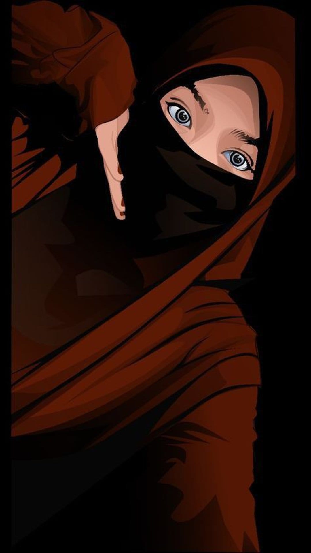 Muslim woman wearing a black hijab and dark red garment with piercing blue eyes against a shadowy background.