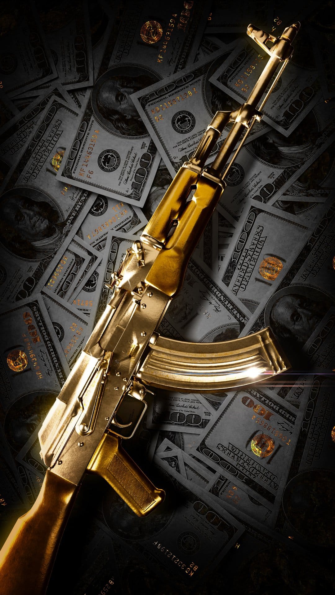 Gold AK-47 assault rifle resting on a dense pile of one hundred dollar bills with sharp metallic reflections.