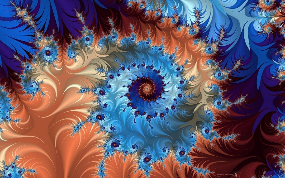 Fractal spiral with flowing blue feathers and orange flame-like structures radiating from a dark central point.