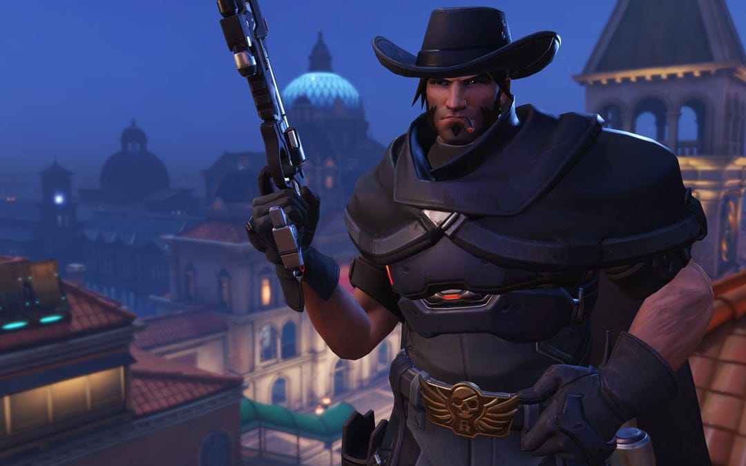 Cole Cassidy in black tactical gear holds a revolver on a night rooftop with a glowing blue dome background.