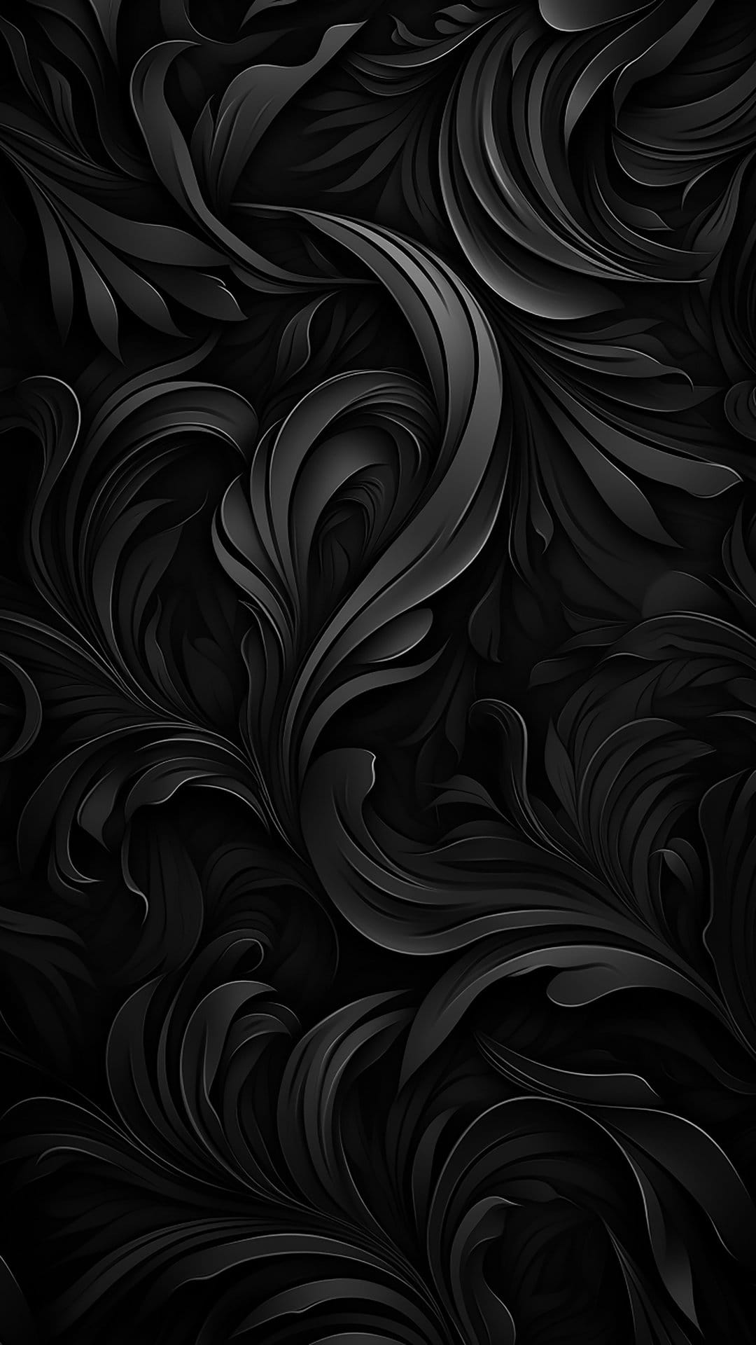 Intricate black floral swirls and organic leaf shapes with subtle 3D shading on a monochromatic dark background.
