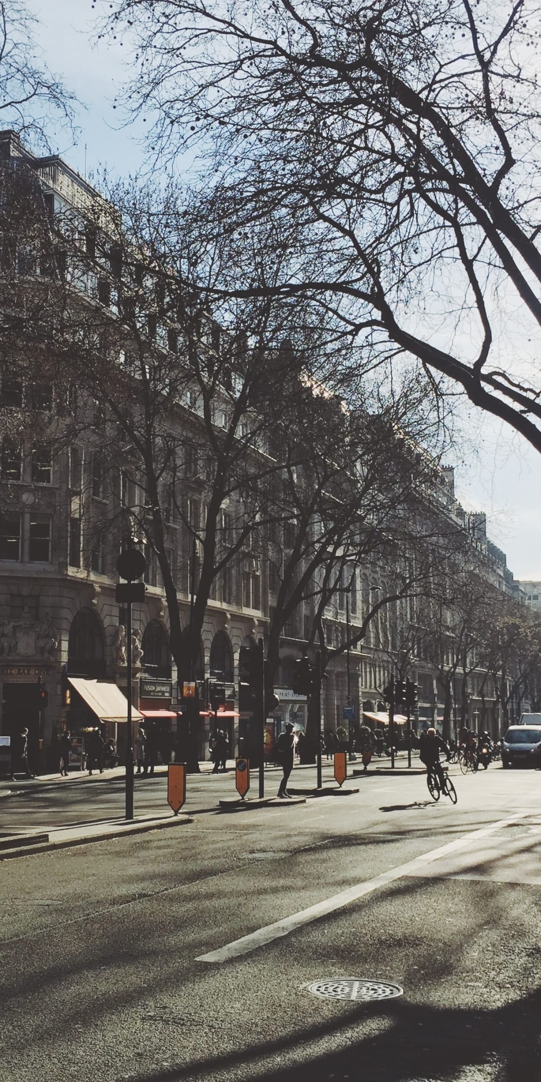 Historic London buildings and bare tree branches frame a street with pedestrians and a cyclist in soft light.