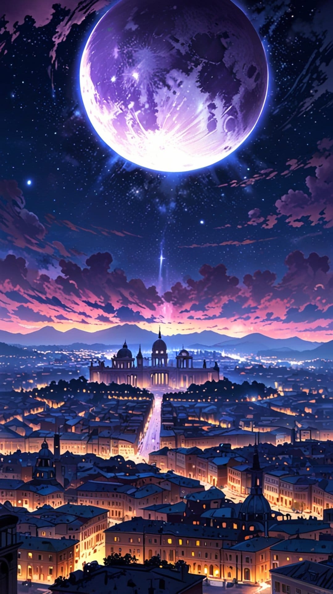 Giant purple moon hangs over a glowing fantasy city with spires and domes under a starry twilight sky.