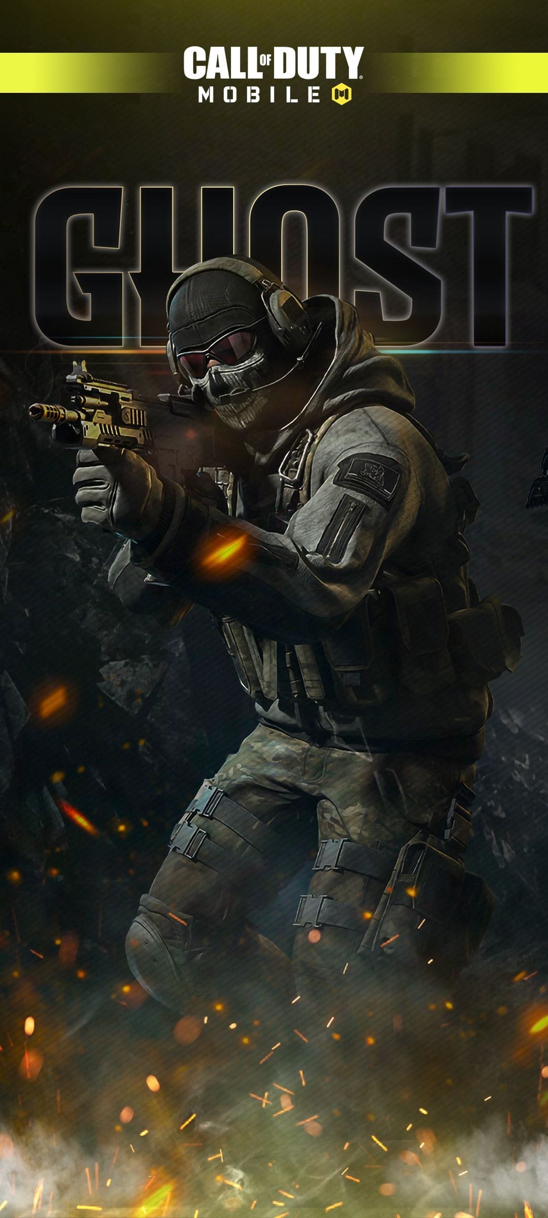 Ghost soldier in a skull mask and tactical gear holding a gun amidst flying orange embers and dark smoke.