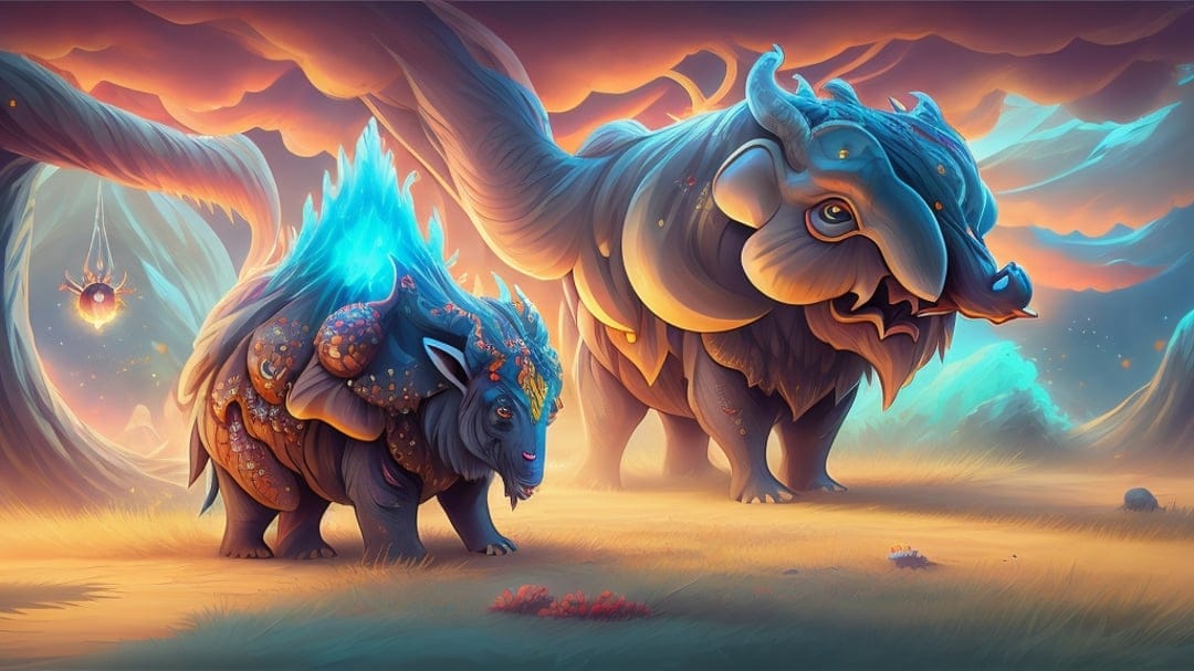 Two massive creatures with glowing blue spines stand amidst golden clouds and curved rock formations at sunset.