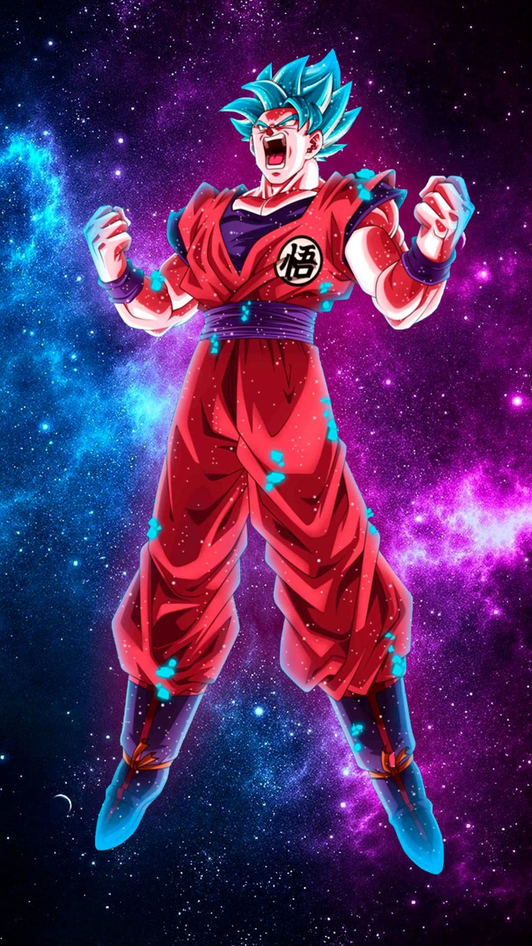 Goku in his Super Saiyan Blue form with cyan hair and red gi stands before a glowing purple and blue galaxy nebula.
