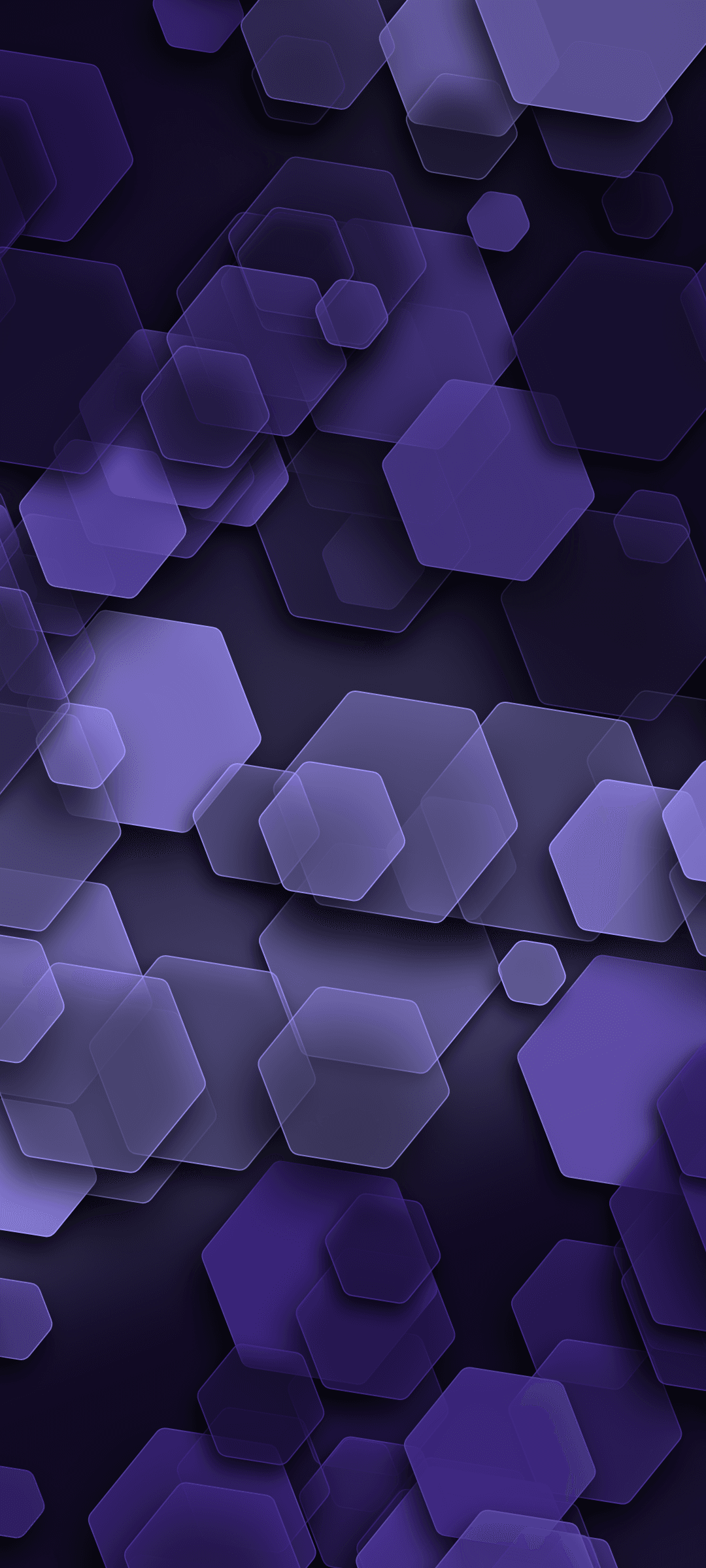 Overlapping purple hexagons with translucent layers, soft shadows, and a grainy texture in a vertical layout.