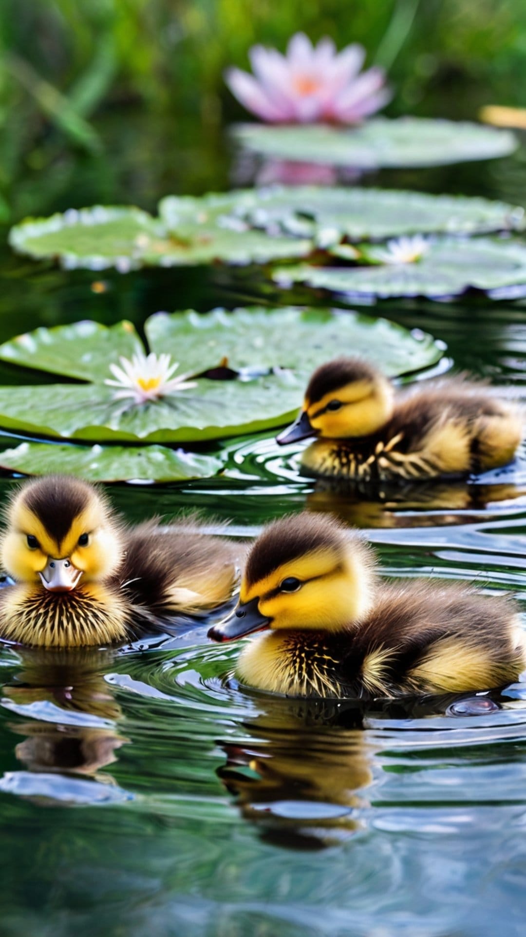Three yellow ducklings swimming on a pond between green lily pads and a soft blooming pink lotus flower.