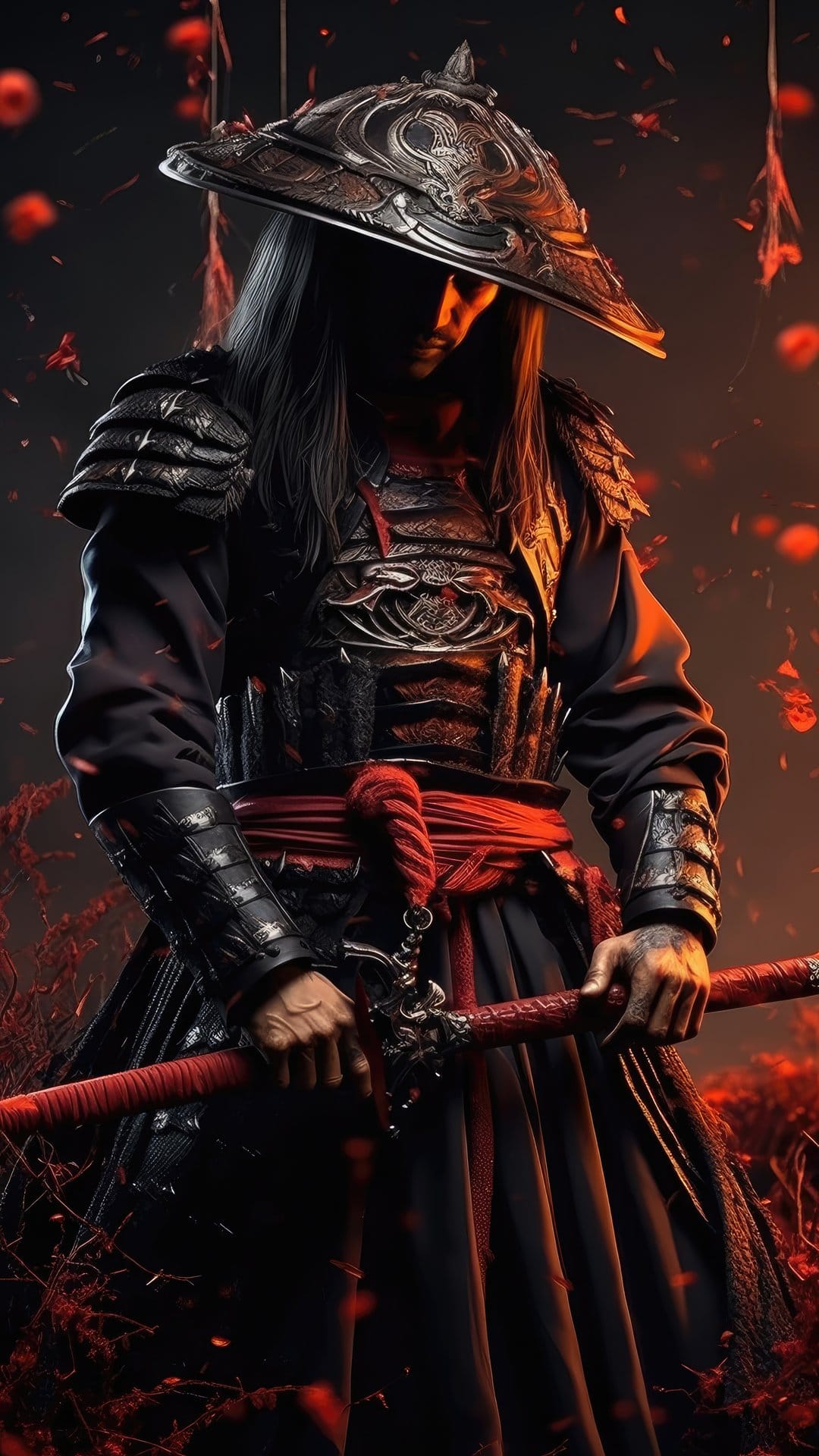 Samurai in black armor holding a red katana while crimson petals float against a dark, shadowy background.