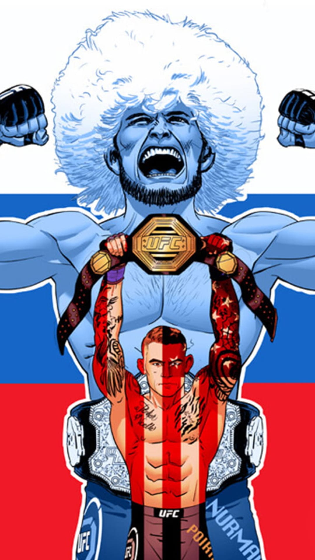 Khabib Nurmagomedov and Dustin Poirier holding UFC belts against a background themed with the Russian flag.