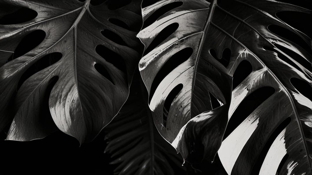 Monstera leaf fenestrations and ribbed textures emerge from dark shadows in a high-contrast monochrome photo.