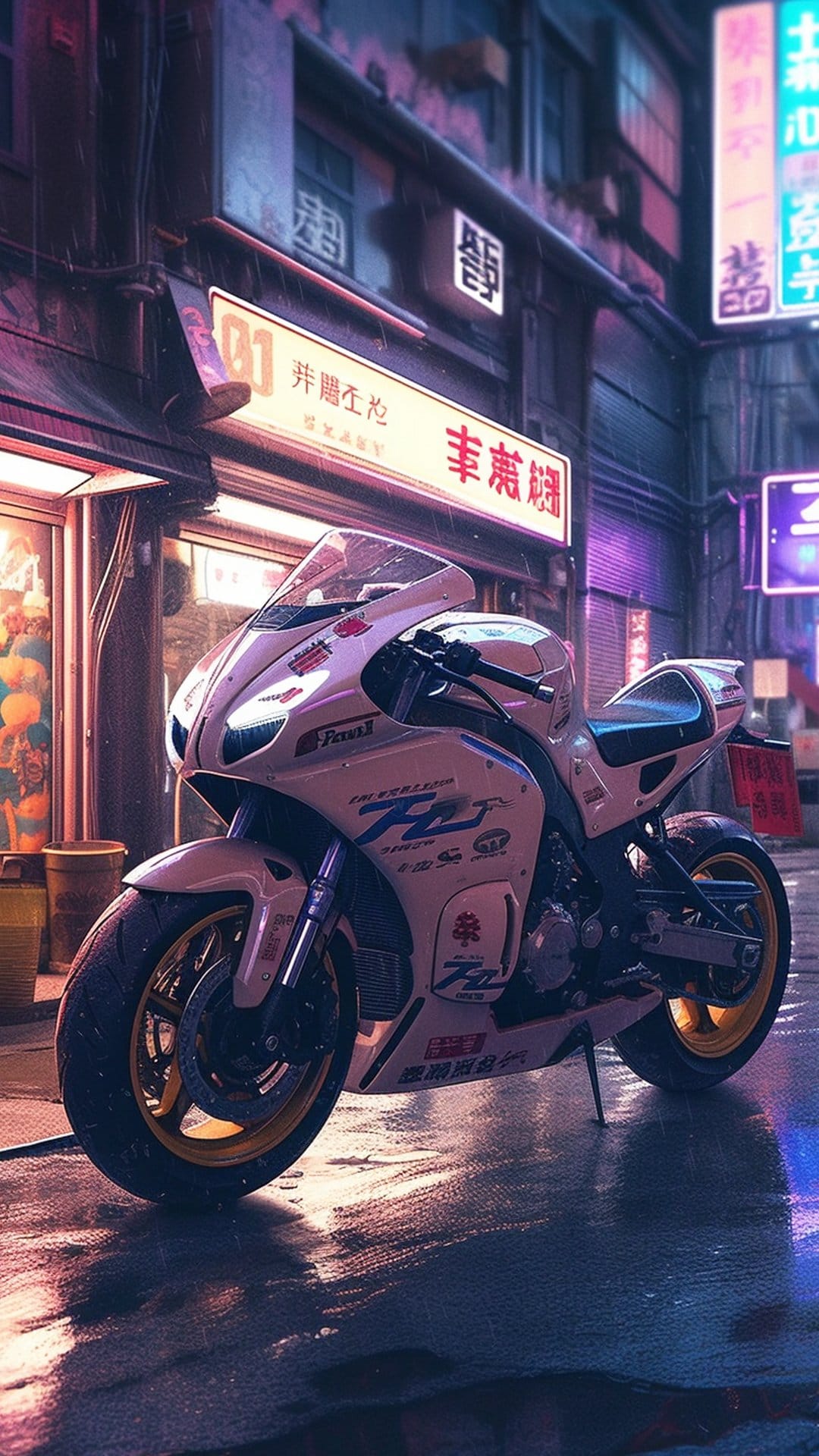 White sportbike on a wet street surrounded by neon Japanese signs and glowing puddles in a rainy futuristic city.