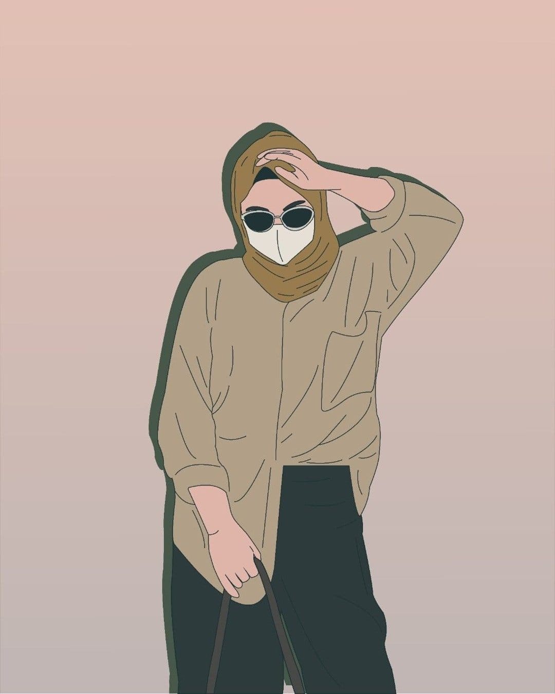 Person in a hijab, sunglasses, and face mask holding a bag against a soft gradient background in a profile view.
