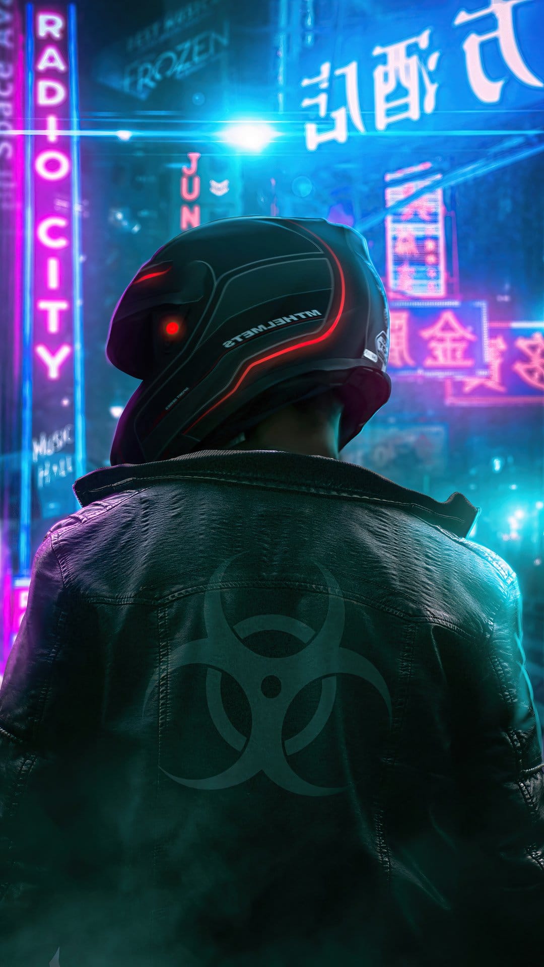 Cyberpunk rider wearing a biohazard jacket and glowing red helmet faces a neon-lit futuristic city street.