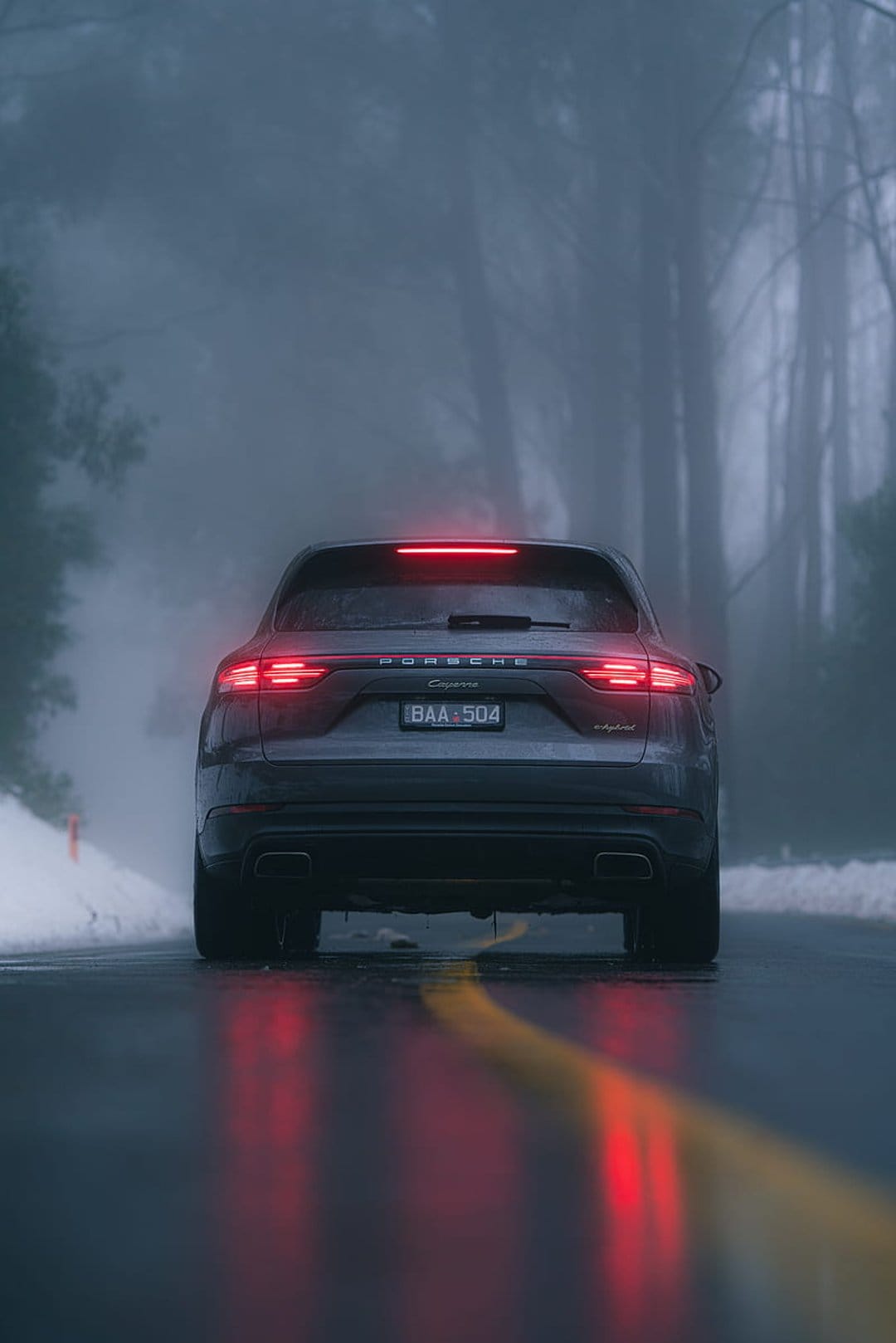 Porsche Cayenne rear view on a wet road with glowing red taillights amidst a dense fog-covered forest.